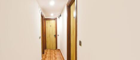 A hallway with wooden flooring, a wooden door at the end, and a light fixture on the ceiling.
