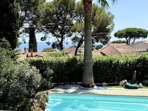 Ein Schwimmbecken, umgeben von üppiger Vegetation mit Blick auf das Meer.