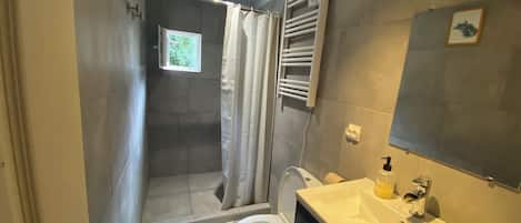 Hair dryer, towels, soap, toilet paper