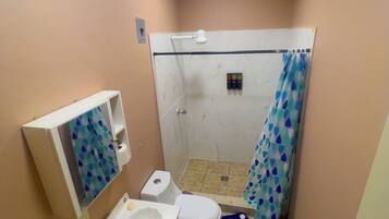 A bathroom with a toilet, sink, shower, and a mirror.