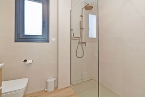 Dusch, hårtork, handdukar och toalettpapper