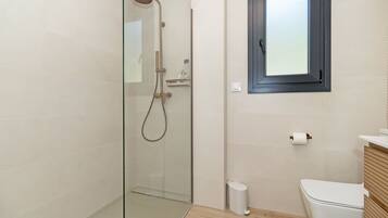 Ducha, secador de pelo, toallas y papel higiénico