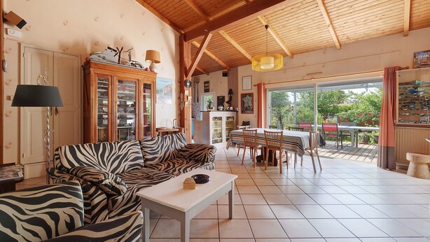 Un salón amplio con un sofá estampado con motivos de cebra, una mesa de comedor y una cocina visible a través de una puerta abierta.