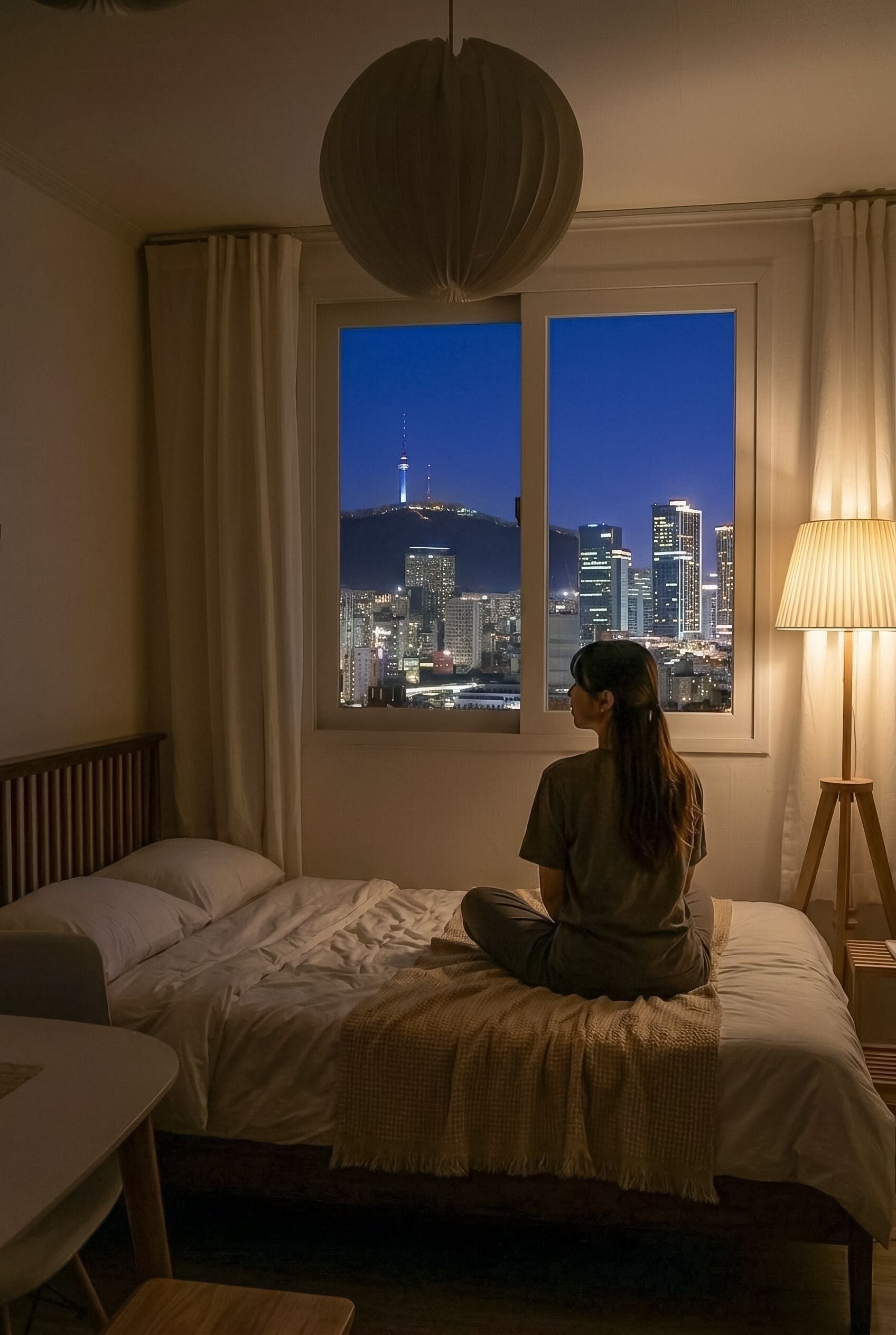 A room with a bed, a desk, a lamp, and a window with a city view.