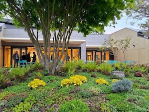 Un edificio moderno con un jardín ajardinado en primer plano, con diversas plantas y una zona de estar.