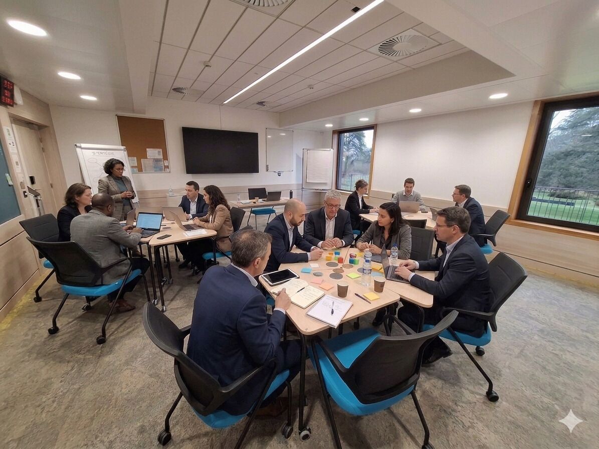A conference room with a whiteboard, a presentation screen, and a large window.