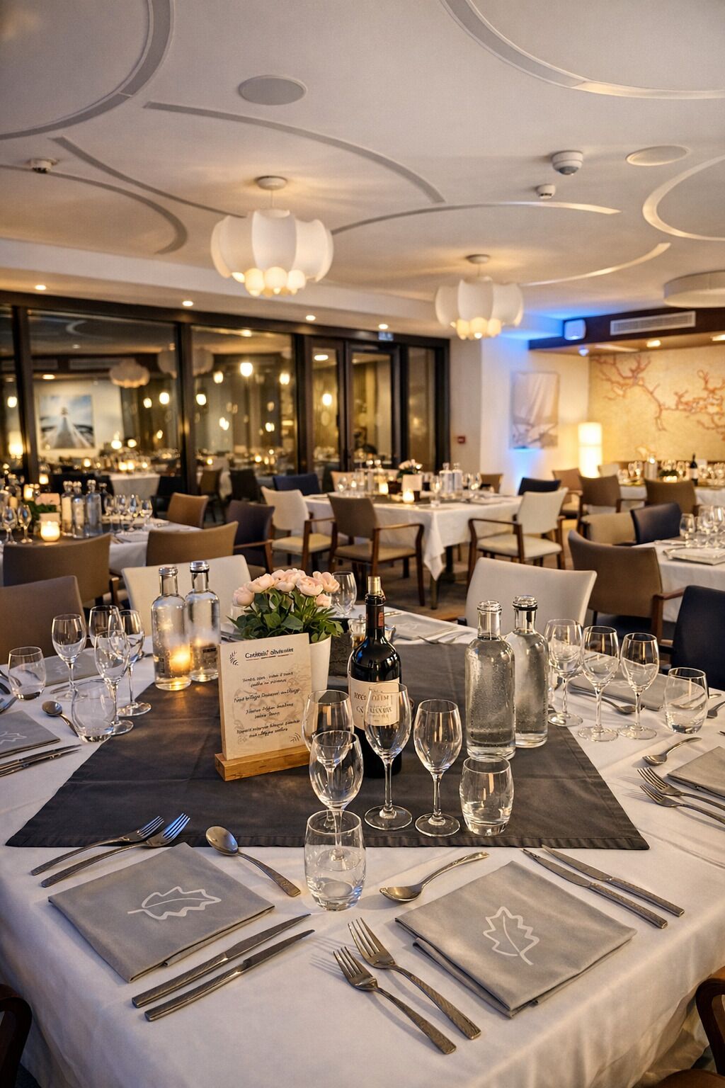 A restaurant with tables set for dining, featuring a menu stand, wine glasses, and bottles.