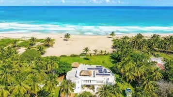 A beachfront property with a large house, solar panels, and lush greenery.