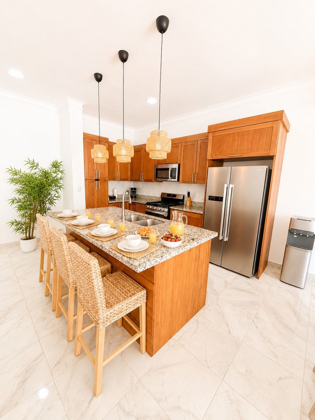 Une cuisine moderne avec des meubles en bois, des appareils en acier inoxydable et un îlot central doté de sièges.