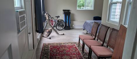 Una habitación con cama, bicicleta estática, bicicleta y una alfombra estampada.