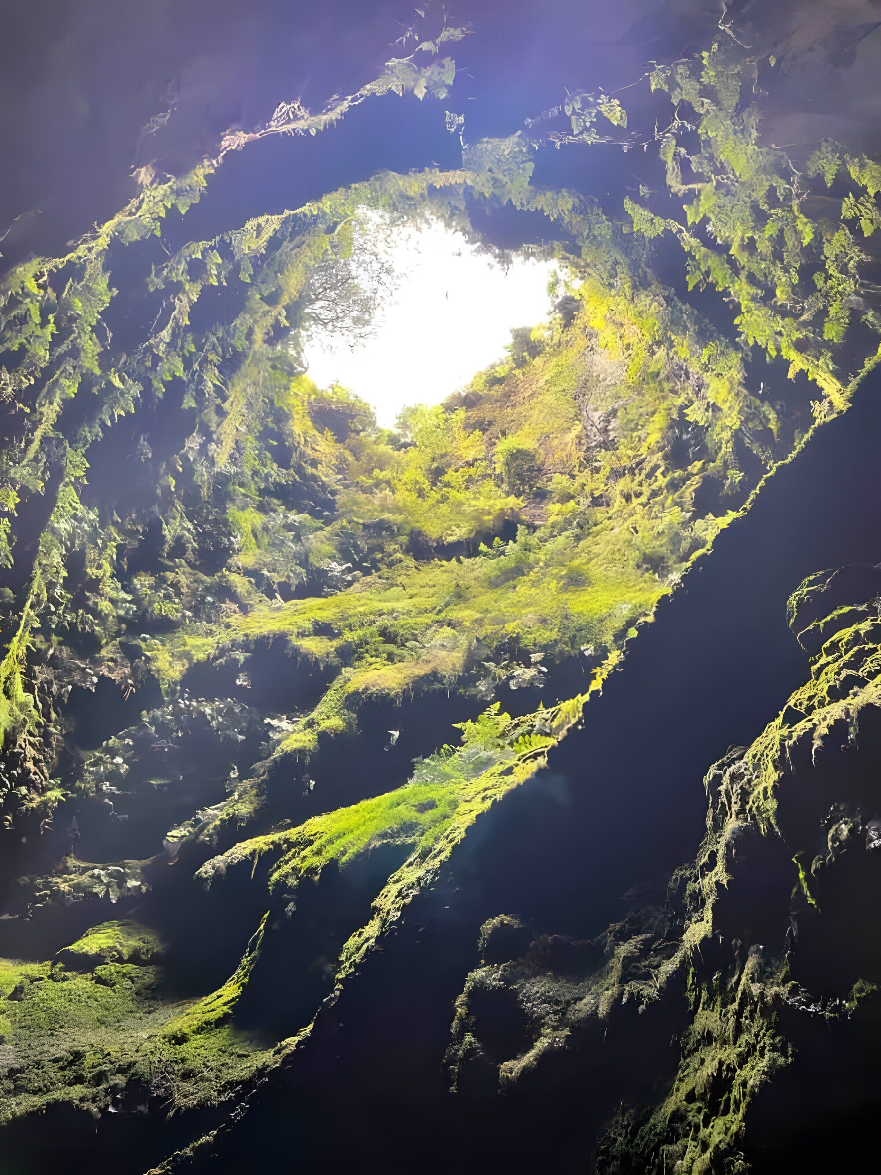 Paesaggio naturale con un'apertura circolare circondata dal verde.