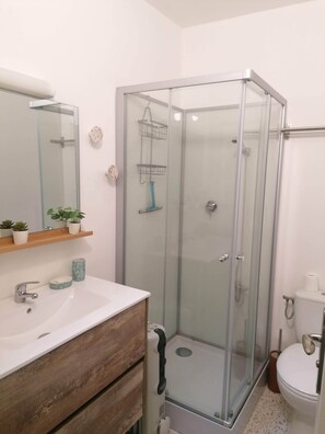 A bathroom with a glass shower enclosure, a wooden vanity, a toilet, and a mirror.