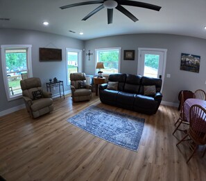 Living area - Family Traditions: Brand-New 4BR Kentucky Lakehouse w/ Massive Deck & Fireplace (Springville)