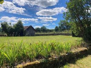 Ländliche Landschaft mit Scheune, Grünland und Bäumen.