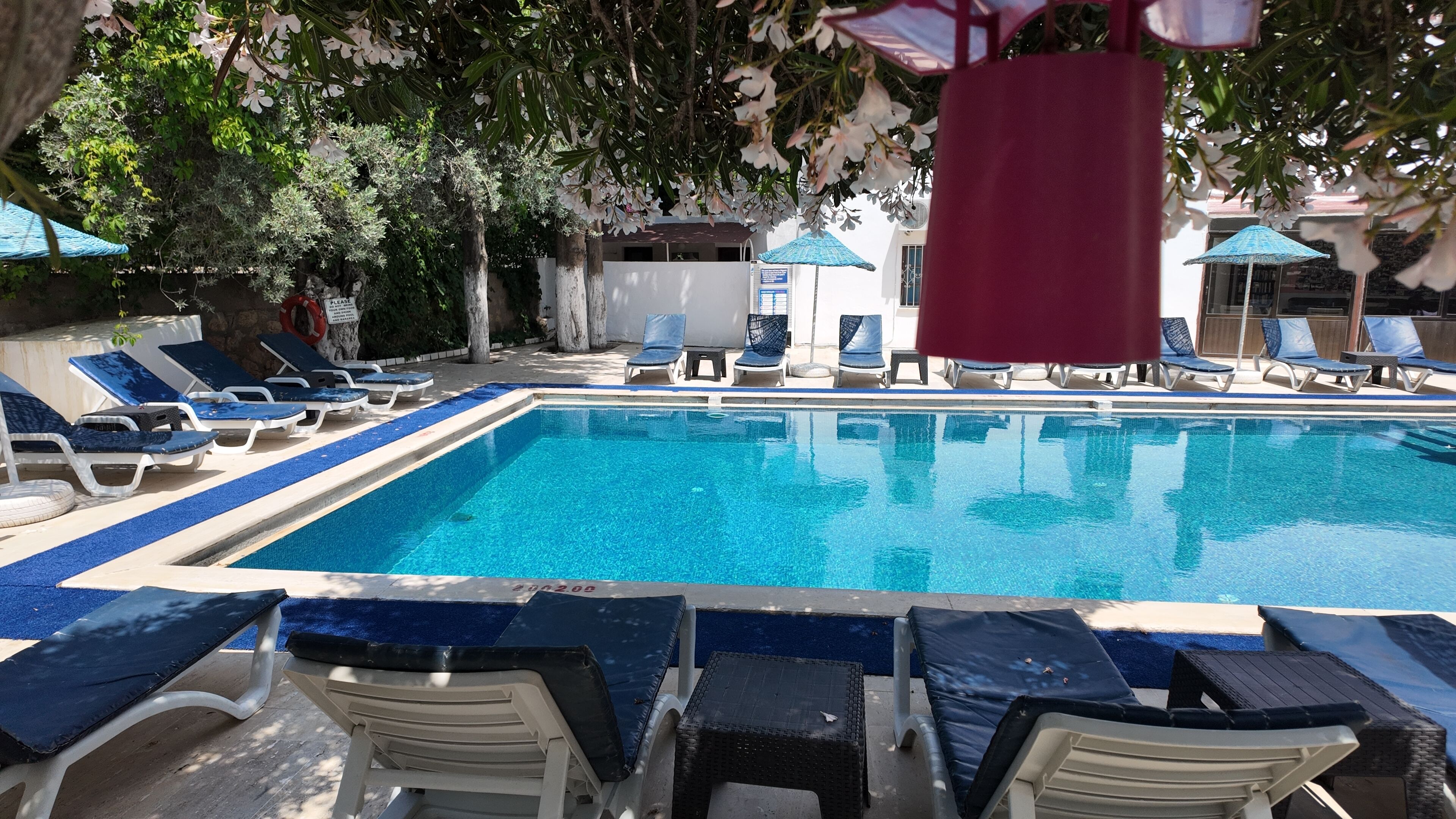 A swimming pool with lounge chairs and umbrellas.
