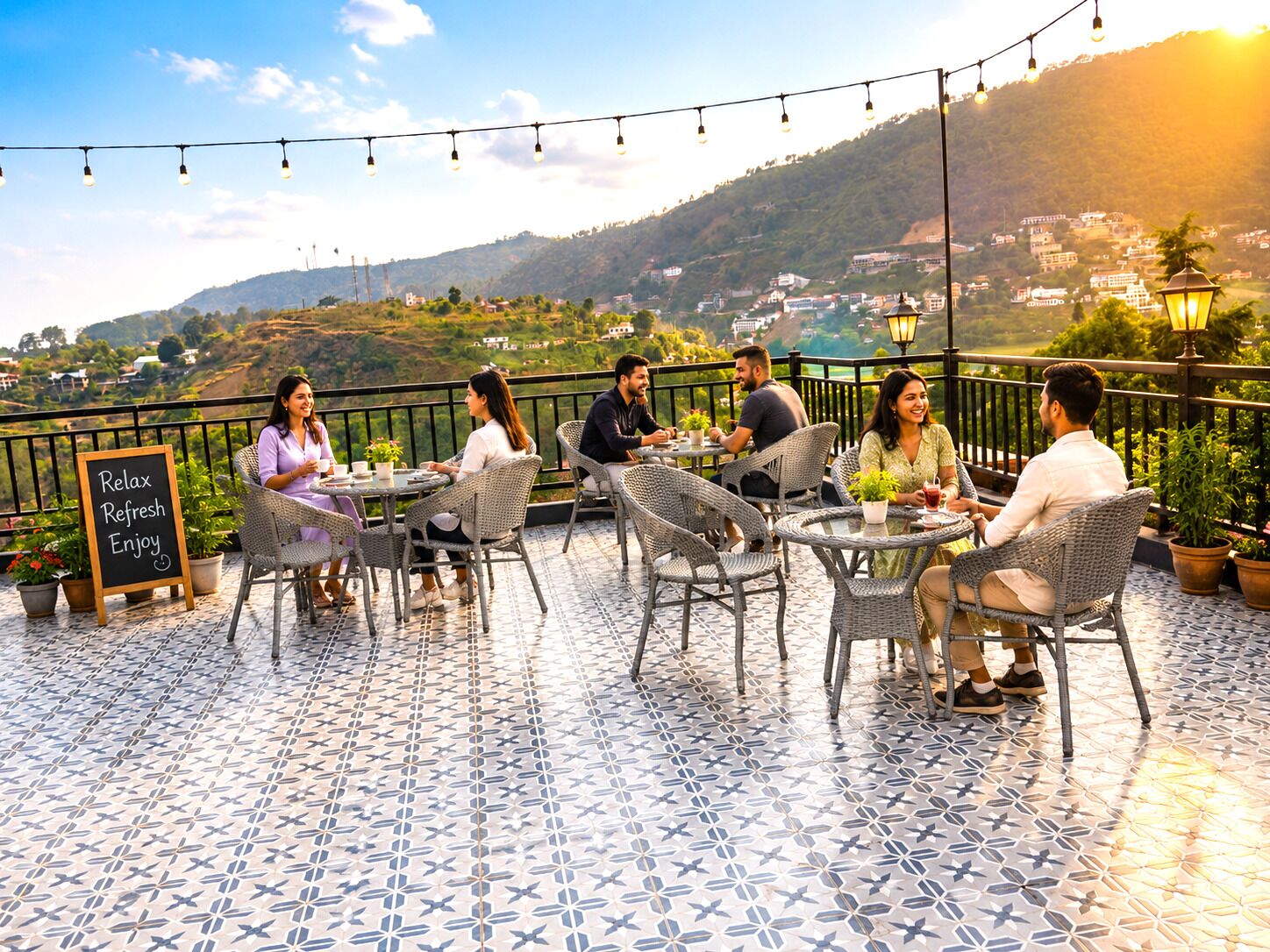 A terrace with outdoor seating, a sign reading 'Relax Refresh Enjoy,' and a scenic view of a valley.