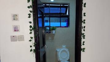 Een douche, handdoeken, zeep, toiletpapier