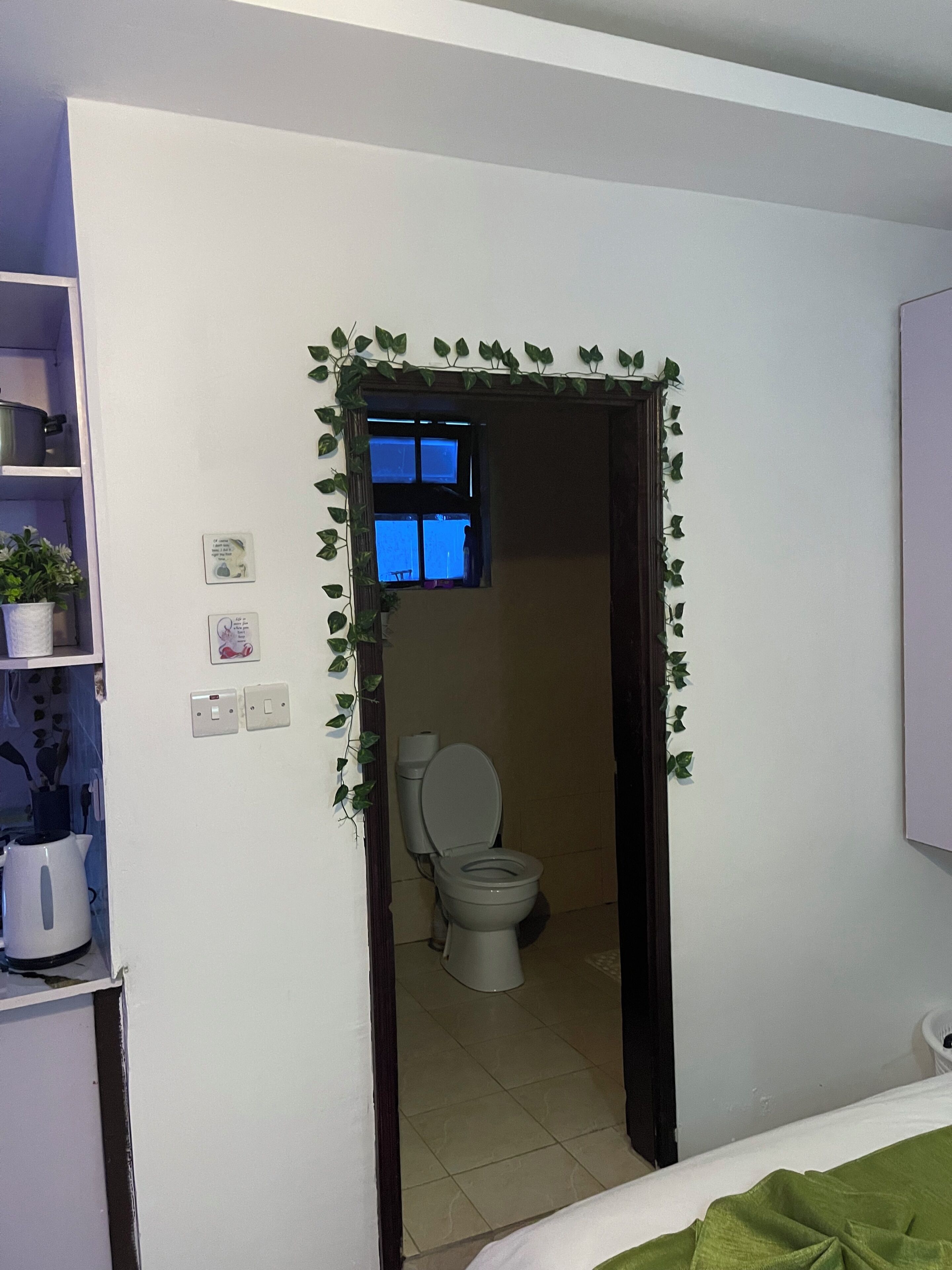 A room with a bed, a white wall, a window, a toilet, and a shelf with a kettle.