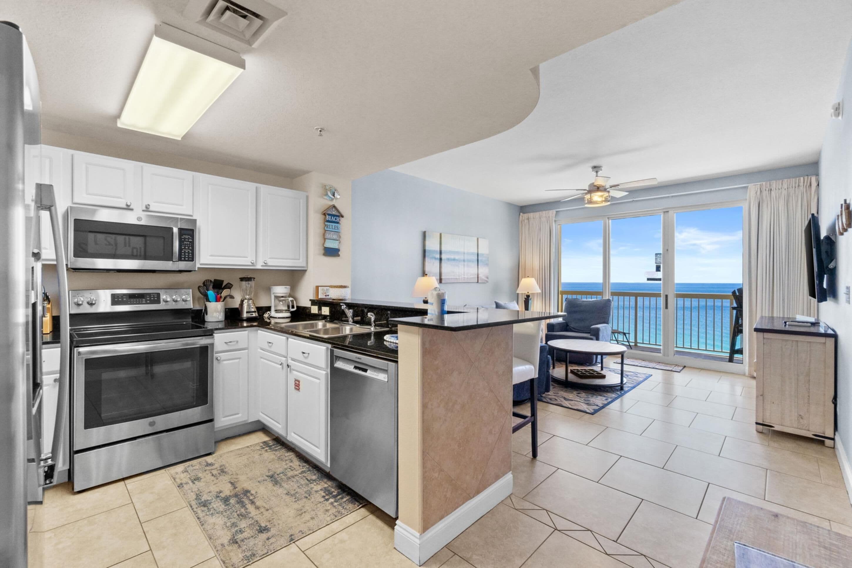 Condo, 1 Bedroom, Ocean View (1705E) | Private kitchen | Full-size fridge, microwave, oven, stovetop