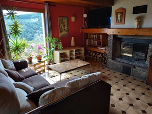 A living room with a sofa, a fireplace, a bookshelf, and potted plants. - Cerdanya—House with a garden, 1 km from Llivia • 7 people • Near Font-Romeu. (Estavar)