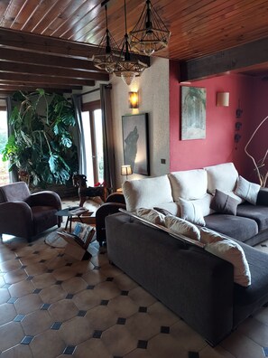 A living room with a sofa, armchair, and a large potted plant. - Cerdanya—House with a garden, 1 km from Llivia • 7 people • Near Font-Romeu. (Estavar)
