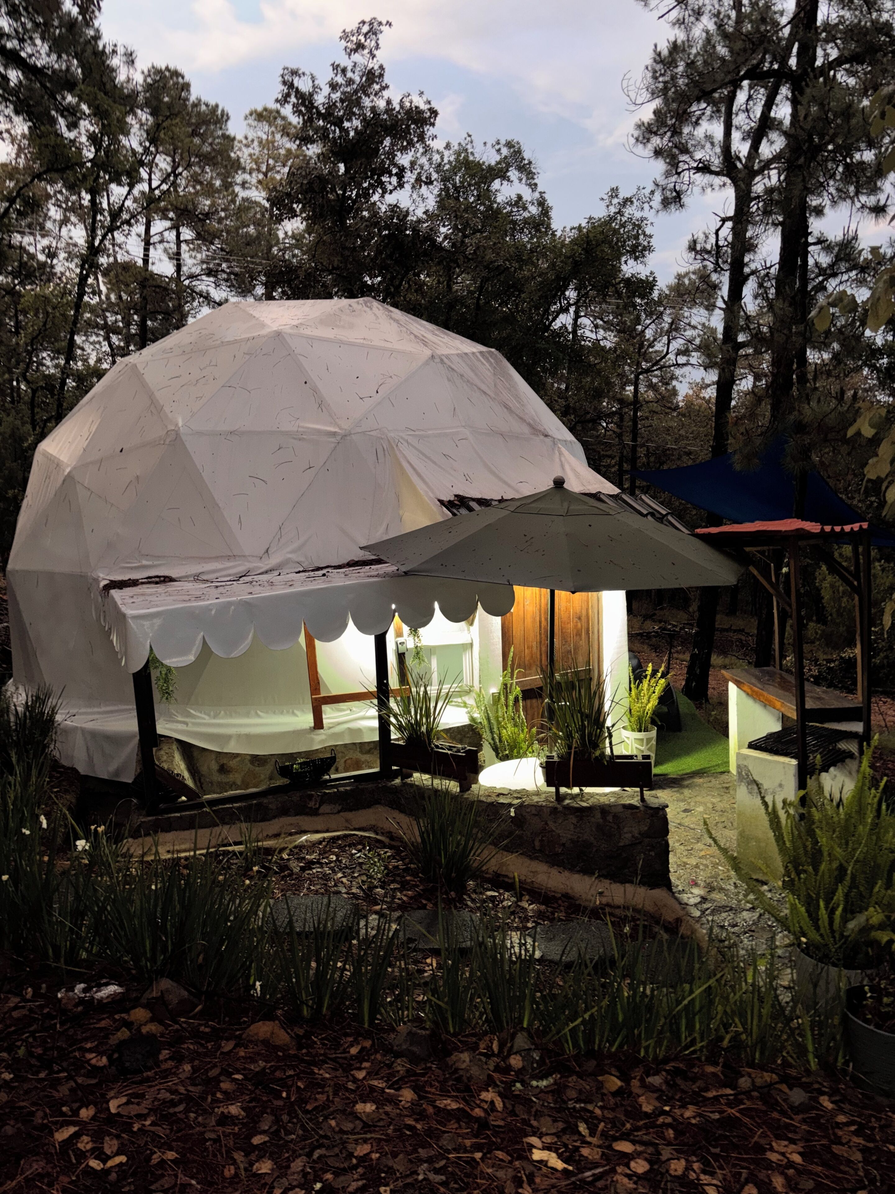 Uma tenda em forma de abóbada, com exterior branco e interior cinzento, rodeada por um jardim com diversas plantas e um pequeno lago.