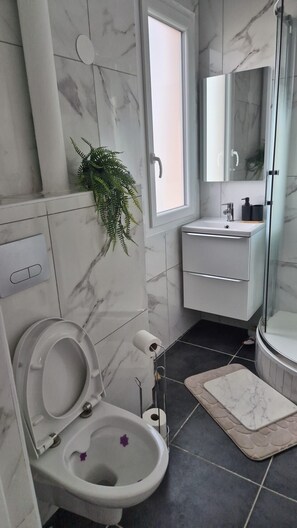 Shower, hair dryer, towels, soap - Le Cocon : Bright studio 32m² + free private parking (rare). Near Stadium (Troyes)