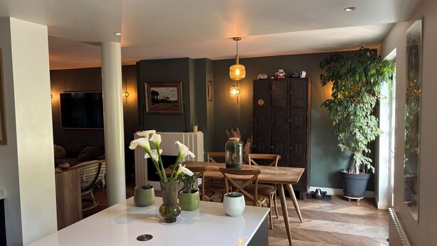 Een eetruimte met een tafel, stoelen, een vaas met bloemen, een kast en een potplant.