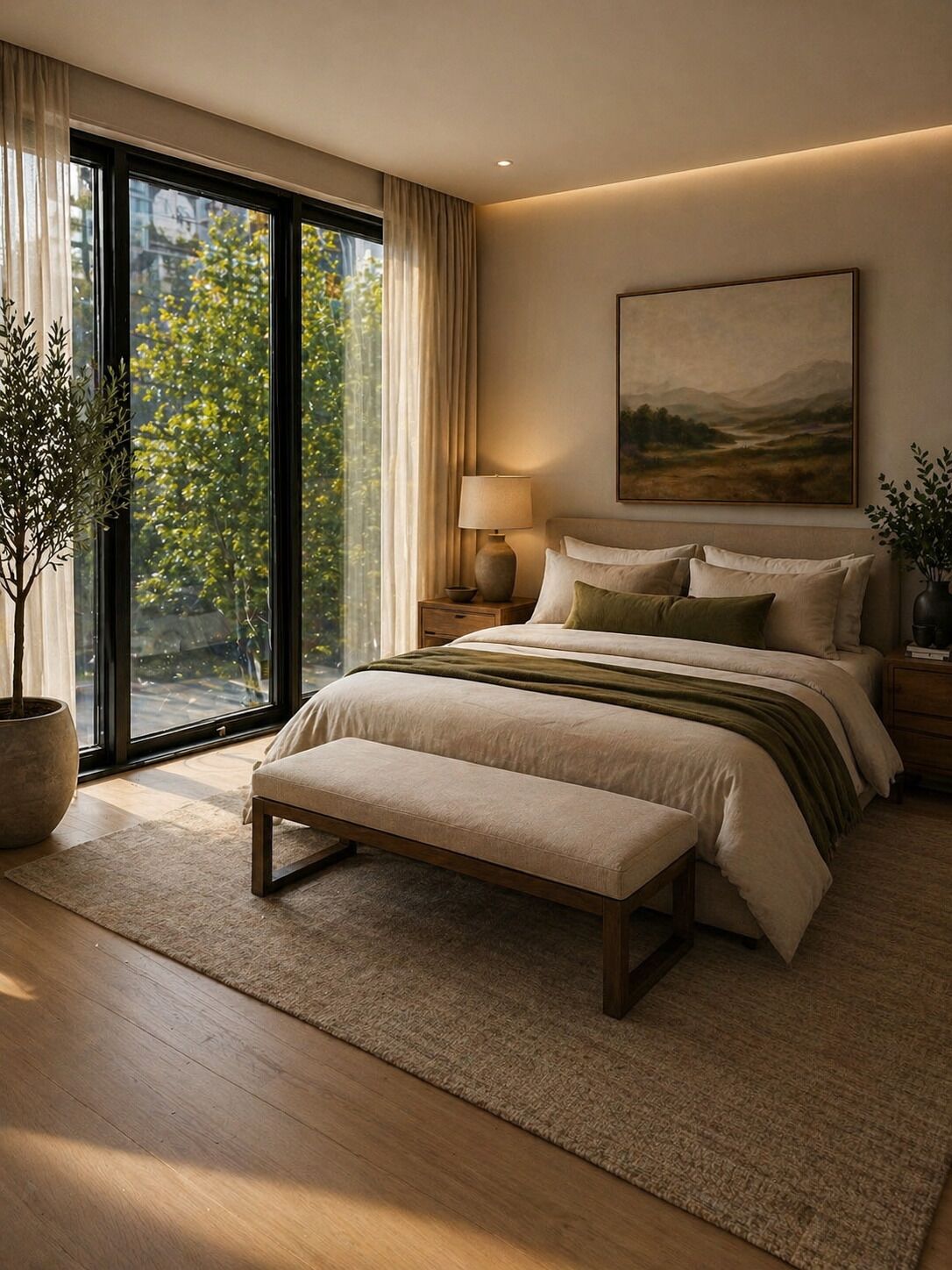 Een slaapkamer met een groot bed, nachtkastje, lamp, raam met gordijnen, een potplant en een schilderij aan de muur.