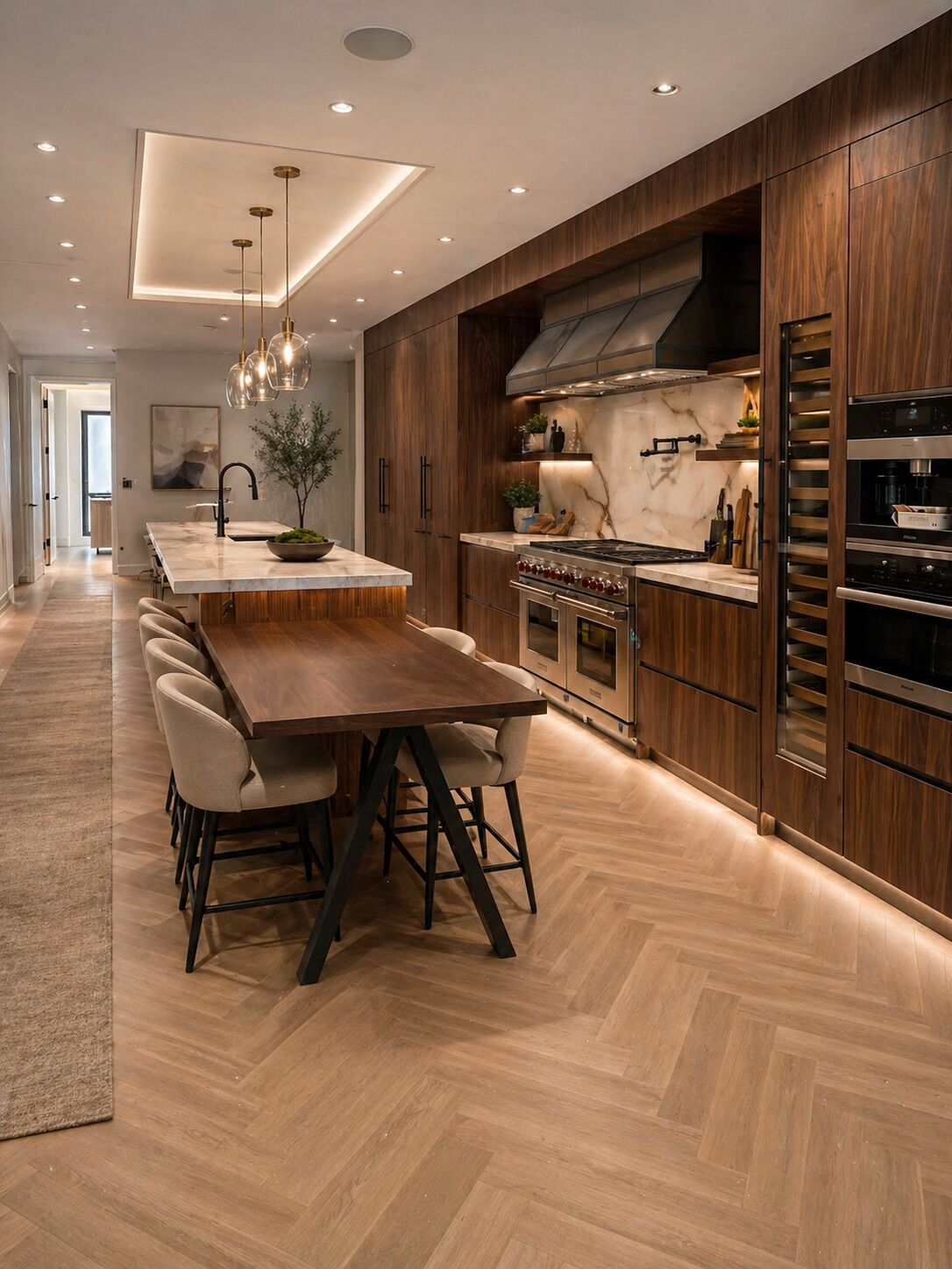 Een moderne keuken met een centraal eiland, houten kastjes en roestvrijstalen apparatuur.