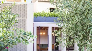 An outdoor pool area with two wooden chairs, a modern building with a balcony, and a dense olive tree. - Villa Zenia - Noto - Siracusa (Noto)