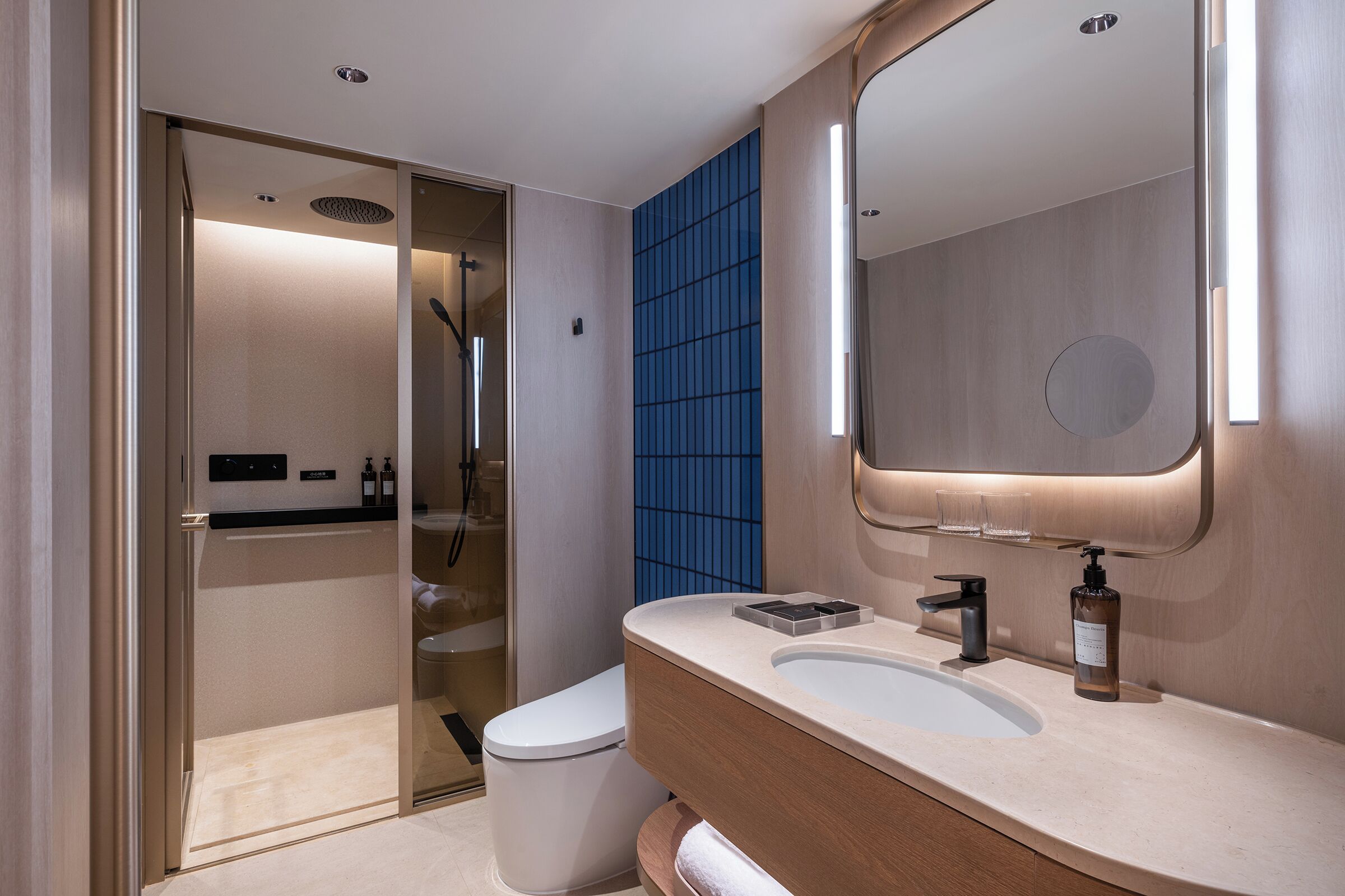 A modern bathroom with a glass shower enclosure, a white toilet, a vanity with a mirror, and a sink.