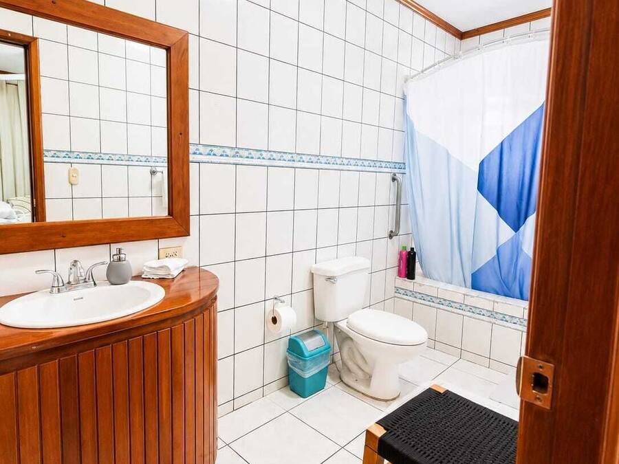 A bathroom with a wooden vanity, a sink, a toilet, and a shower curtain.