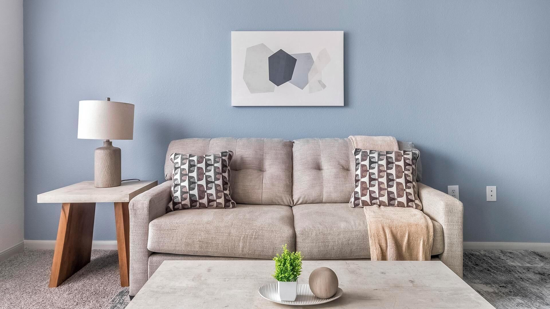 Een woonkamer met een bank, gekleurde kussens, een bijzettafeltje met een lamp, een salontafel met een plant en een decoratie, en een kunstwerk aan de muur.