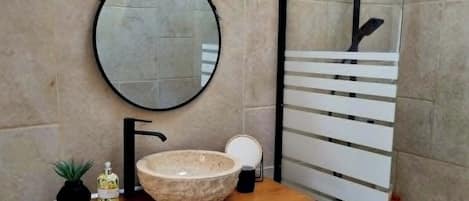 Shower, hair dryer, toilet paper