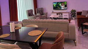 A modern living room with a sofa, chairs, a dining table, and a TV.