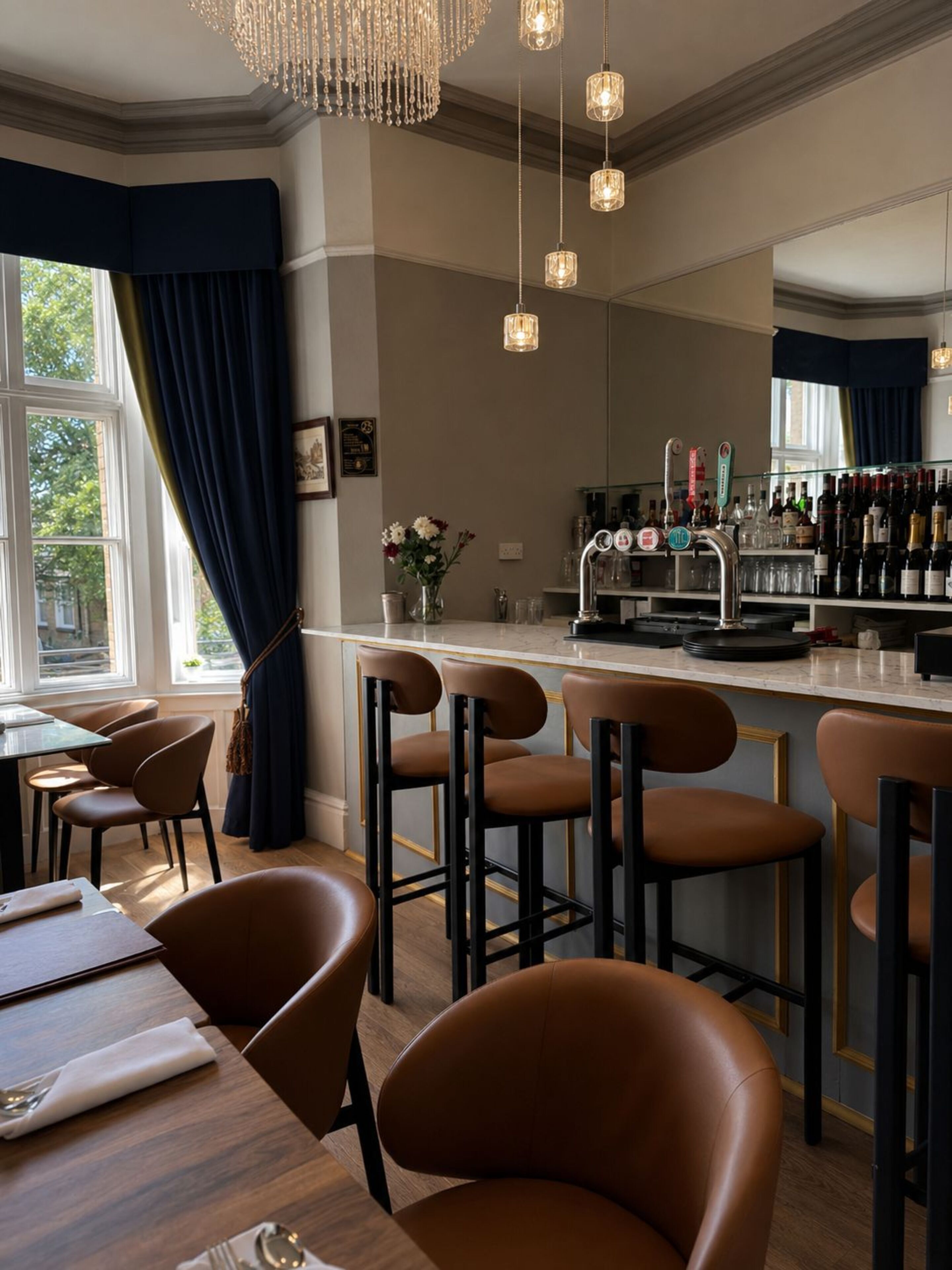 Een bar met krukken, een toog en een kroonluchter.