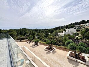 Eine Dachterrasse mit Glasbrüstung, Kübelpflanzen und Blick auf eine Hügelkette mit Gebäuden.