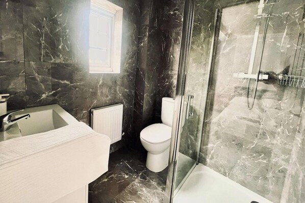 Shower, hair dryer, towels