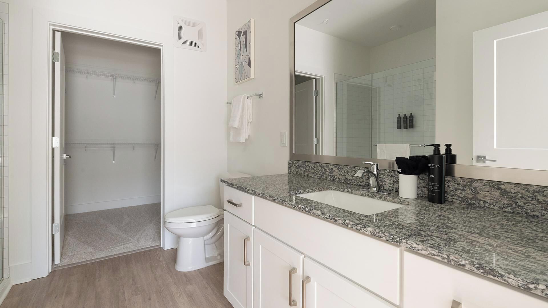 Une salle de bain avec un lavabo, un miroir et des toilettes.