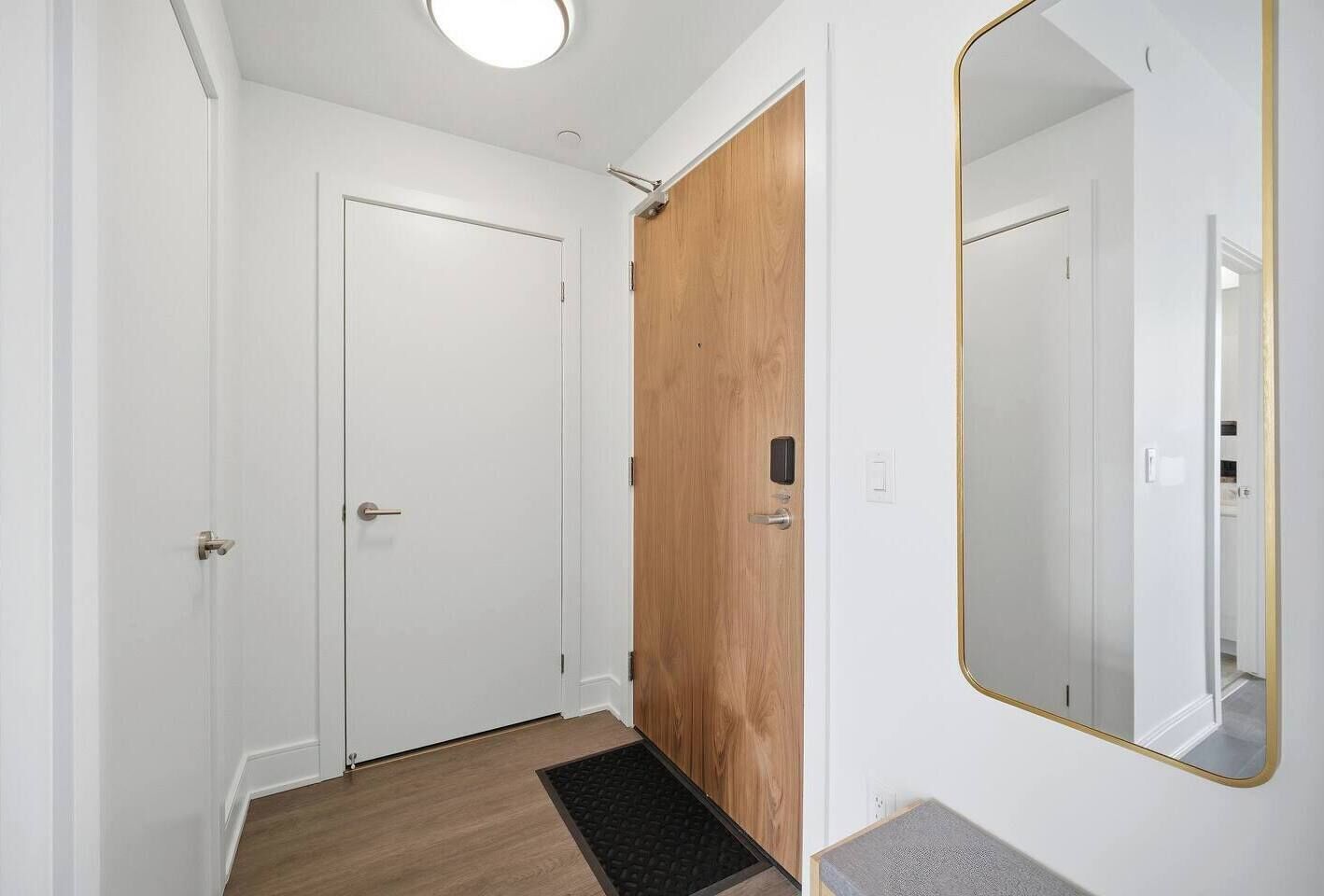 A hallway with white walls, a wooden door, a black doormat, and a large mirror with a gold frame.