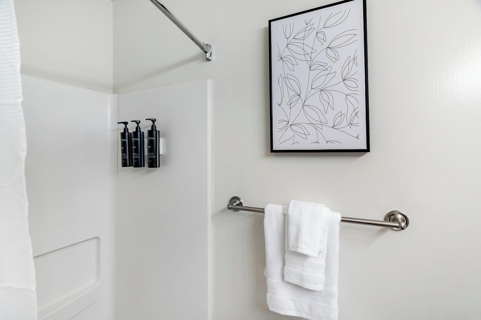 Une salle de bain avec une douche, un porte-serviettes et une estampe botanique encadrée au mur.