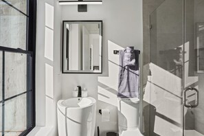 Secadora de cabello, toallas, jabón, papel de baño 