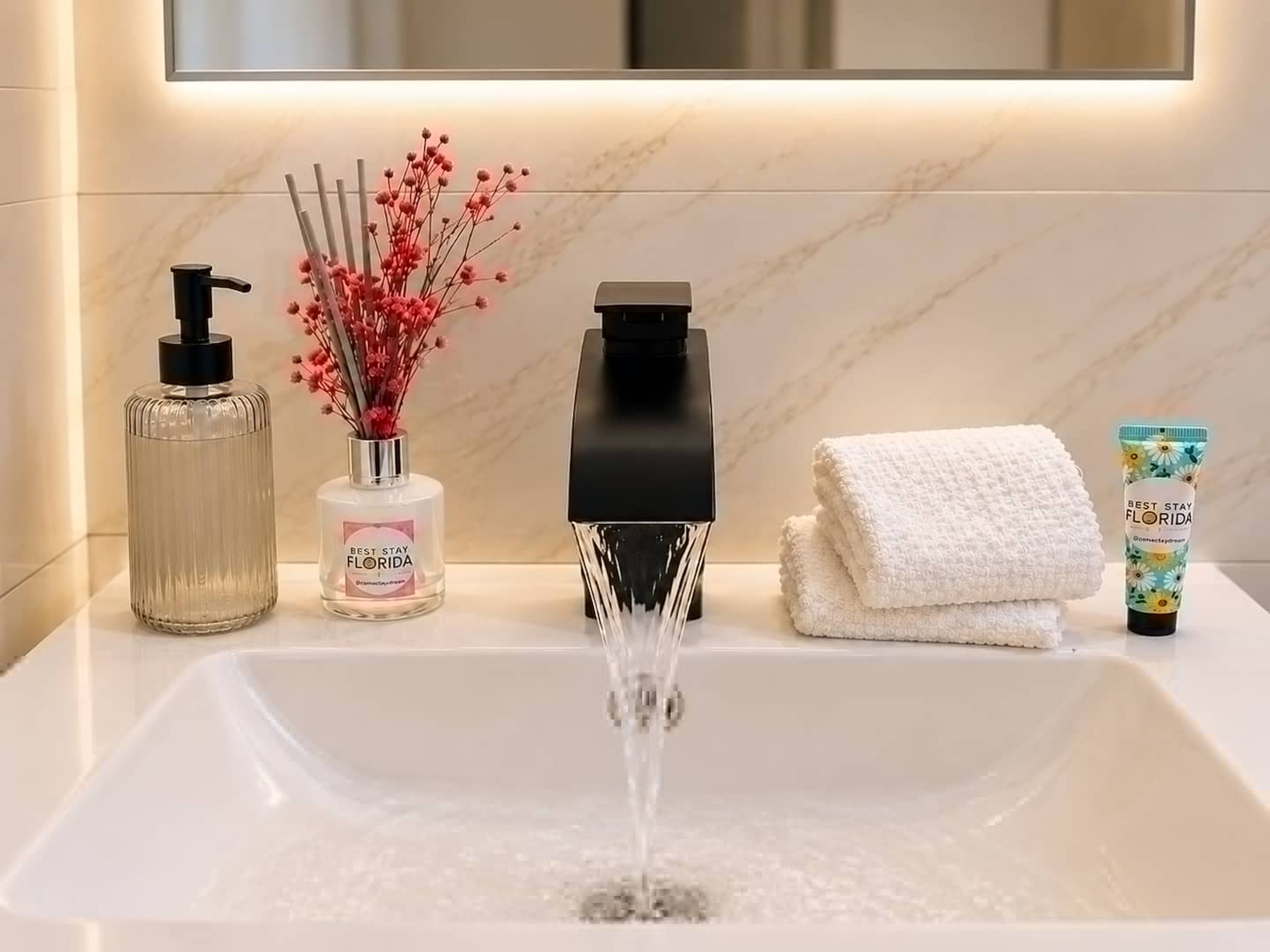 A bathroom sink with running water, a hand soap dispenser, a bottle of hand sanitizer, a vase with dried flowers, a black soap dispenser, and a folded towel.