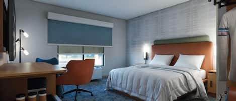 Habitación de hotel con cama, escritorio con silla, ventana y pared con diseño texturizado.
