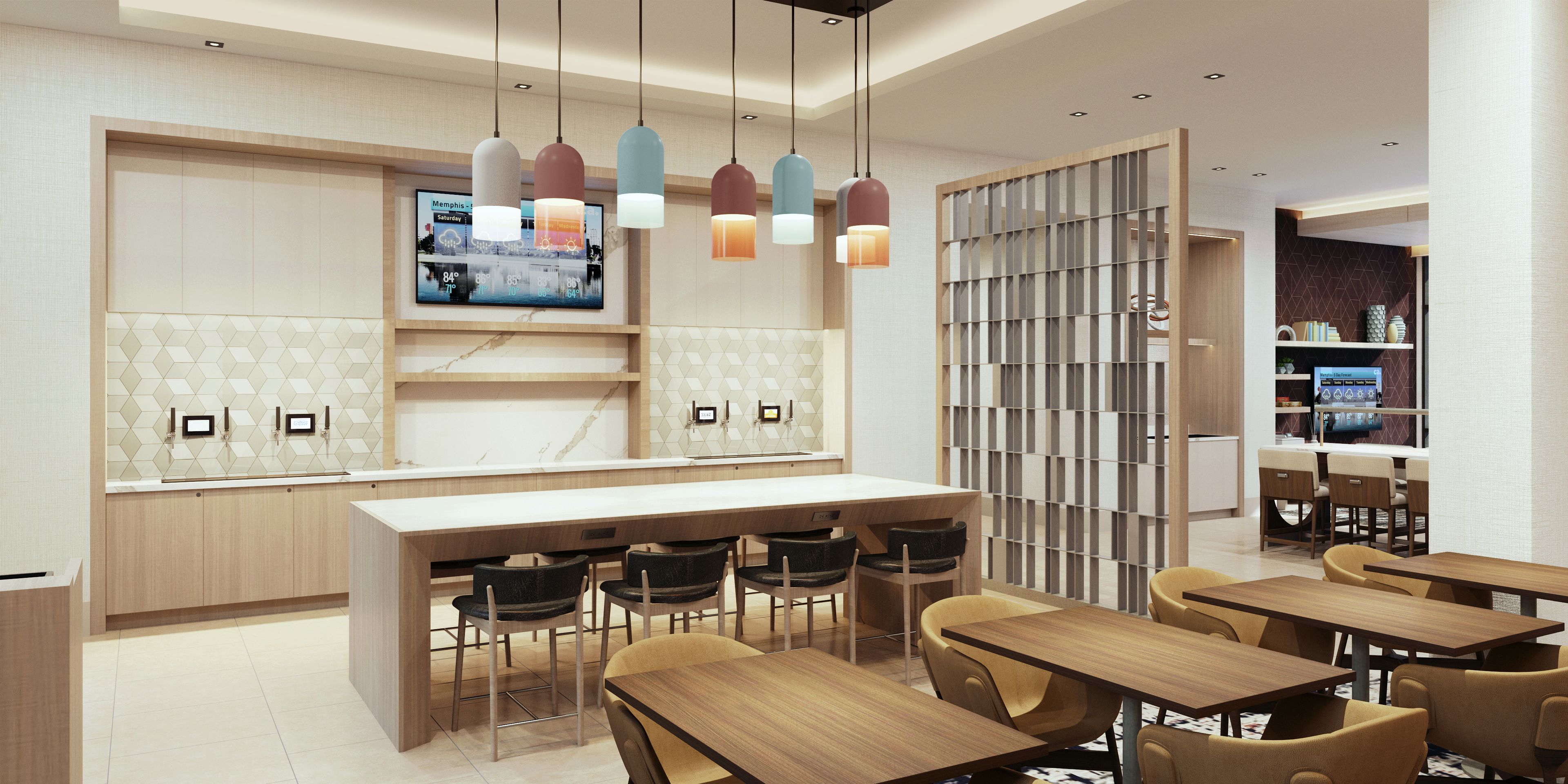 A modern hotel lobby with a central bar area, seating arrangements, and a television displaying the weather.