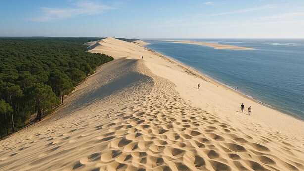 Une plage avec des dunes de sable et une zone boisée.