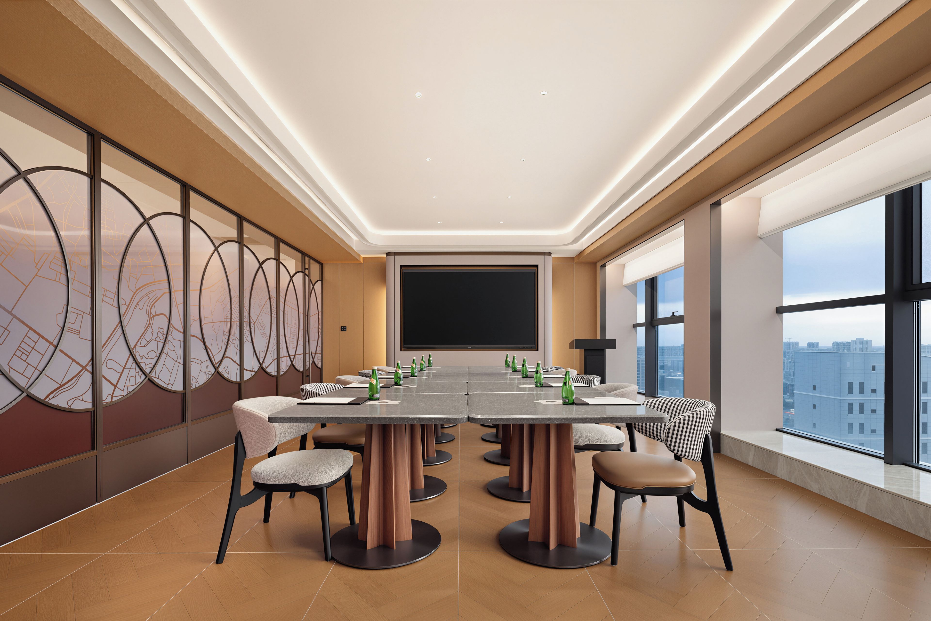 A conference room with a long table, chairs, a projector screen, and large windows.