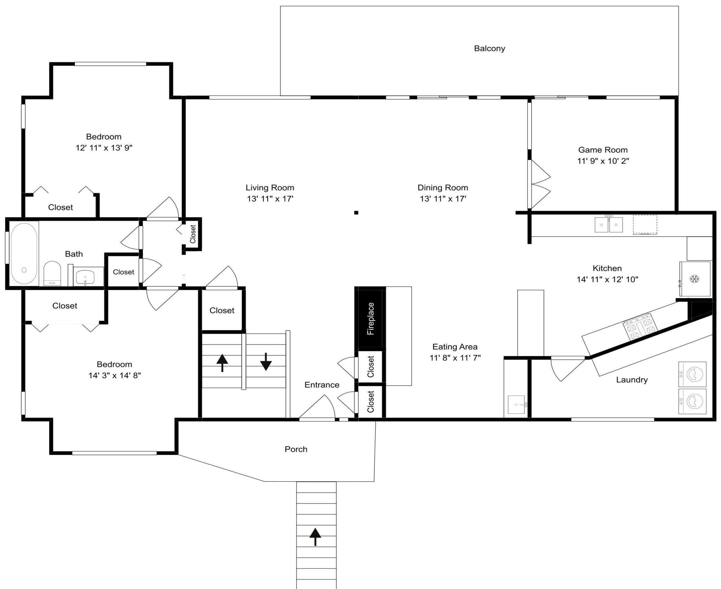 Plano de planta que muestra un dormitorio, baño, armario, sala de estar, comedor, sala de juegos, cocina, zona de comedor, lavandería, chimenea, porche y balcón.