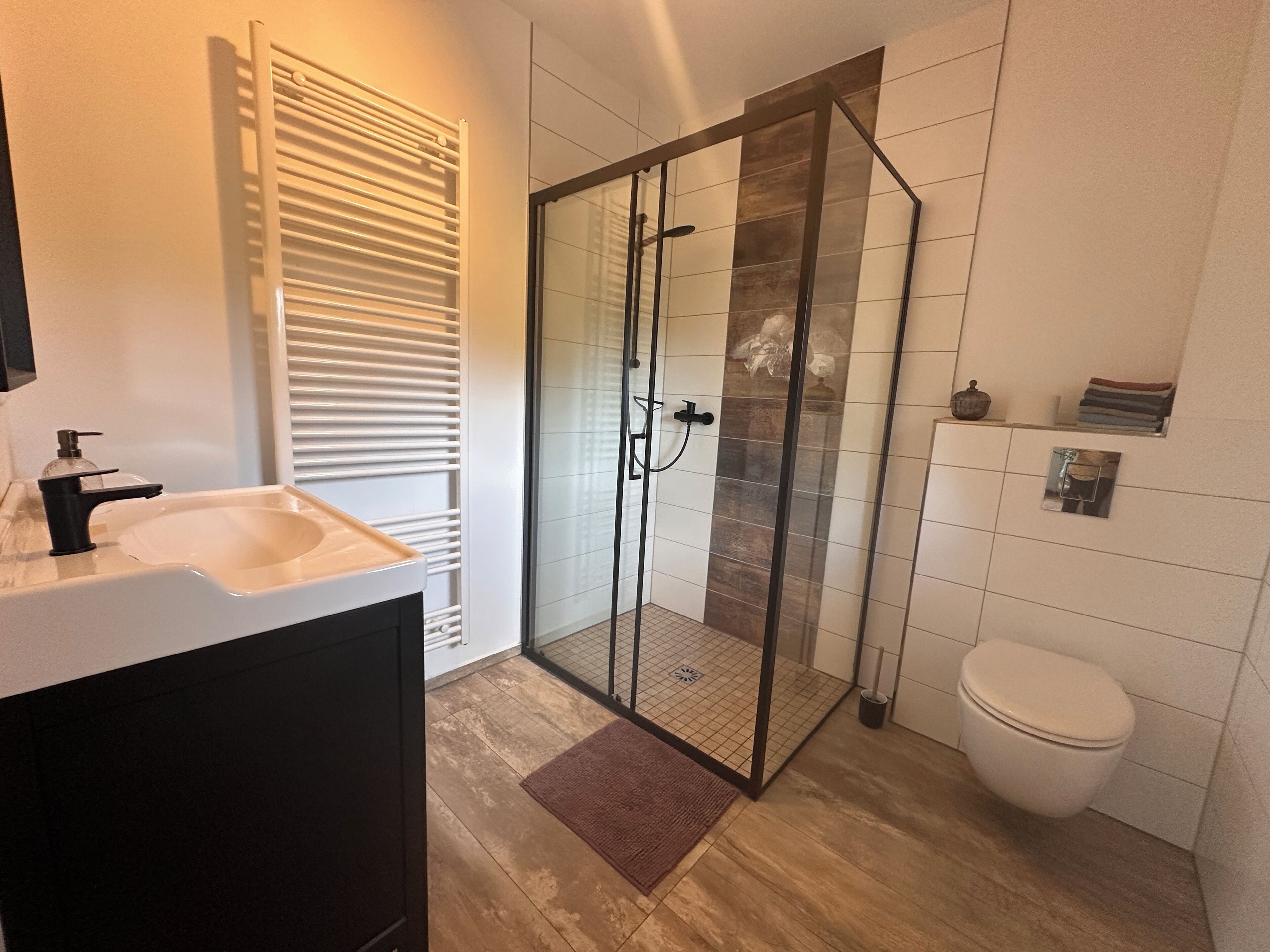 Dusche, Haartrockner, Handtücher, Seife